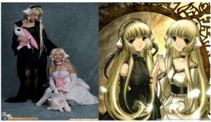 My sister and I cosplaying Freya (in the black) and Chii (in the pink), with a reference picture on the right