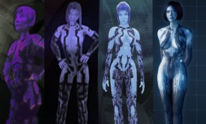 Cortana through the ages. From left to right: Halo, Halo 2, Halo 3, and Halo 4