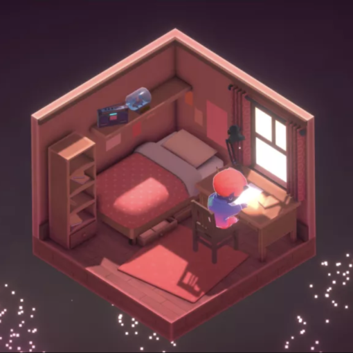 screenshot of character sitting at a desk in a room with a bed