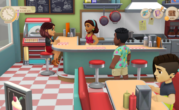 Screen shot of 4 characters from Wylde Flowers in a diner scene