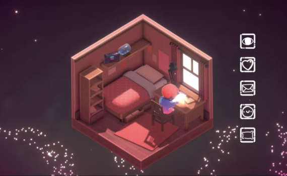 screenshot of character sitting at a desk in a room with a bed