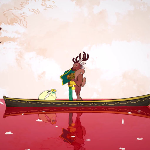 young girl hugging an anthropomorphize reindeer while standing in a boatd