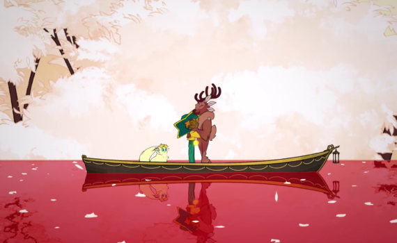 young girl hugging an anthropomorphize reindeer while standing in a boatd