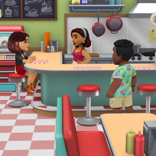 Screen shot of 4 characters from Wylde Flowers in a diner scene