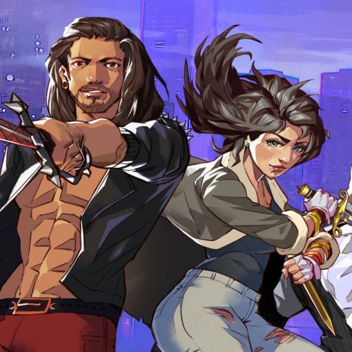 Picture of a male character with long dark hair, a brunette woman with a set of knives and a Black man with short natual hair and a sword on a blue skyline background