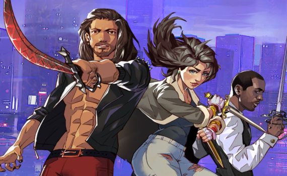 Picture of a male character with long dark hair, a brunette woman with a set of knives and a Black man with short natual hair and a sword on a blue skyline background