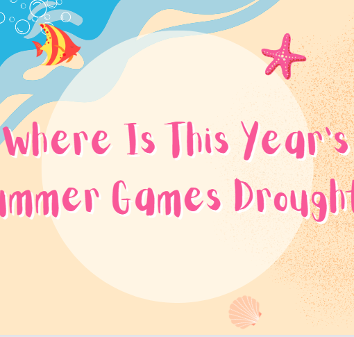 Sandy beach with red starfish and text that reads Where is the summer games drought?